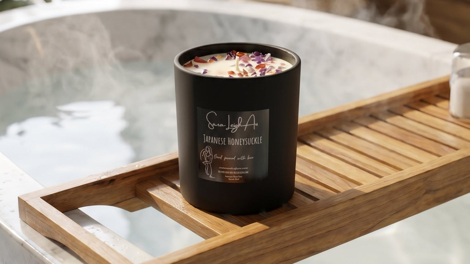 A black scented candle jar with a wooden label sits on a wooden bath caddy draped over a white marble bathtub in a bright, modern bathroom.